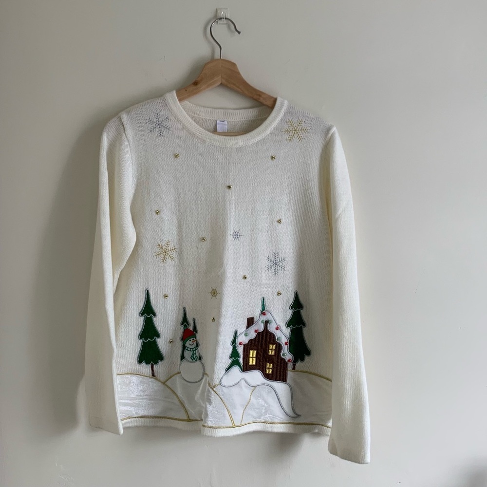 White Ugly Snowman & Gingerbread House Christmas Knit Sweater